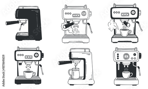 A collection of various coffee machines in black and white minimalist vector style, perfect for coffee shop branding and design.