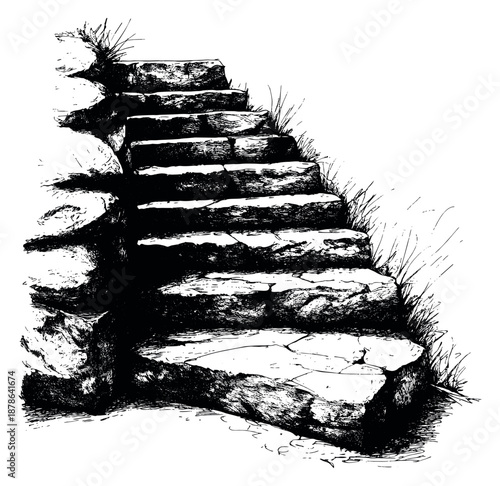 Hand drawn line art illustration of stone stairs depicting an upward path for nature-themed designs