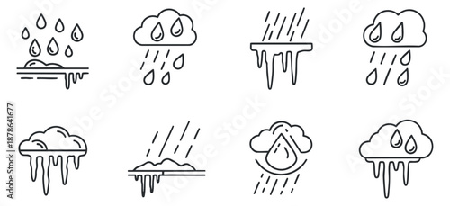 A collection of weather icons depicting rain, clouds, and droplets in minimalist outline vector style, ideal for weather apps and designs
