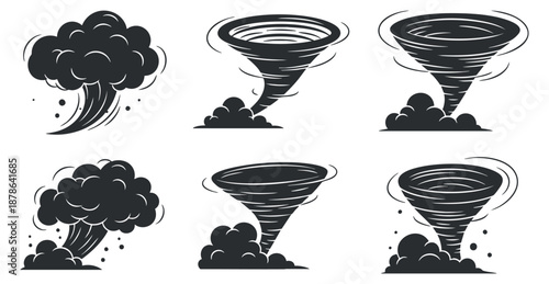 A set of storm clouds and tornado icons in black and white vector style, suitable for weather-related designs and graphics