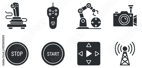 A collection of gaming controllers, remote controls, robotic arms, and photography icons in black and white minimalist vector style, suitable for technology and gaming projects