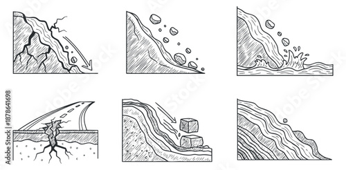 A set of geological illustrations depicting landslides, rock movement, and erosion in detailed sketch style, suitable for educational materials