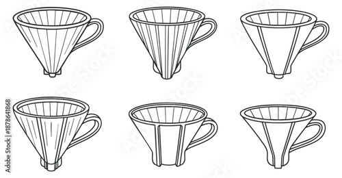 A set of six coffee filter cups in outline vector style, ideal for coffee shop branding and kitchen design