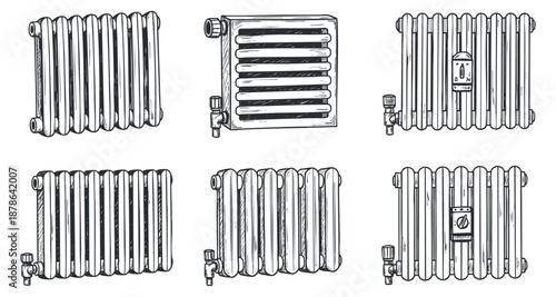 A set of six radiator designs in black and white sketch style, suitable for home interior projects and heating concepts