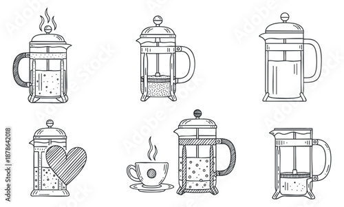 A collection of hand-drawn French press coffee makers with various designs in black and white line art style, ideal for café branding and kitchen decor