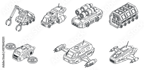 A collection of futuristic vehicle icons including drones, helicopters, and hovercrafts in clean outline vector style, suitable for technology and transport design projects