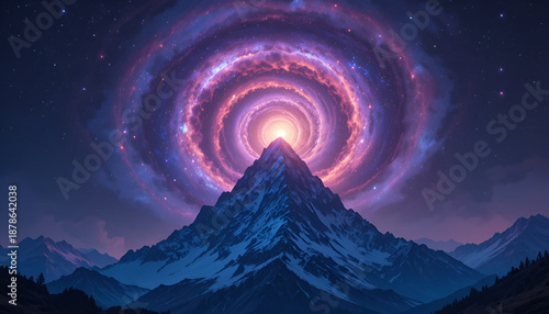 Spiral Galaxy Portal Above Mountain Peak – Cosmic Fantasy Landscape