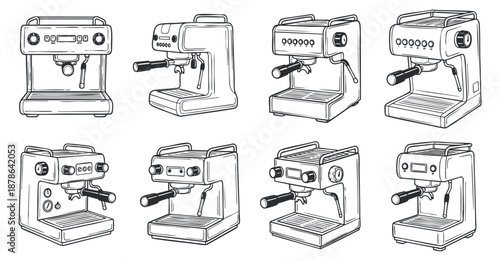 A collection of eight espresso machines in minimalist black and white outline vector style, ideal for coffee shop branding and kitchen design
