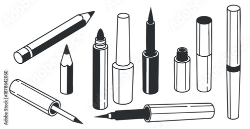 A collection of various writing instruments including pencils, pens, and markers in black and white outline vector style, ideal for creative design projects
