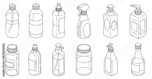 A collection of various bottle and container designs in clean outline vector style, suitable for packaging and branding projects