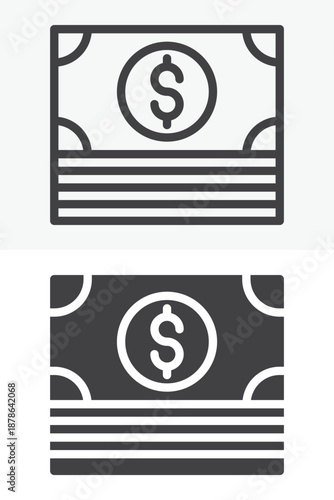 Dollar banknotes money icon set in different style. Line, outline and solid icon vector sign and symbol with editable stroke. Dollar money icon for cash finance.