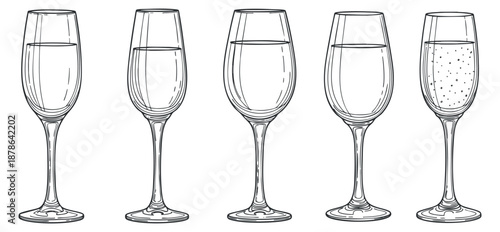 A set of five elegant drink glasses in outline vector style, perfect for beverage branding and menu design