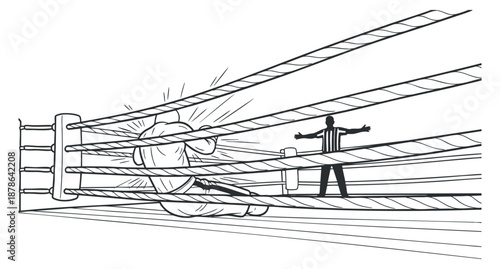 A boxing scene featuring a referee overseeing a match with a fighter throwing a punch in outline vector style, ideal for sports illustrations