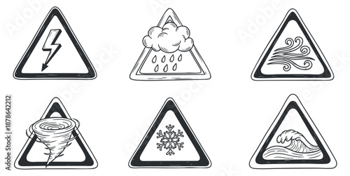 Free Download A set of weather warning signs including lightning, rain, wind, tornado, snow, and wave in black and white outline vector style, suitable for emergency alerts and safety materials - GFXLoad