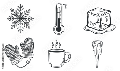 A set of winter-themed icons featuring a snowflake, thermometer, mittens, hot drink, ice cube, and icicles in outline vector style, perfect for seasonal designs and illustrations