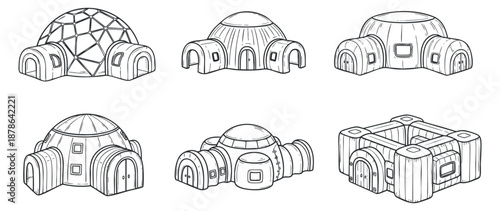 A collection of dome-shaped buildings and structures in outline vector style, suitable for architectural design projects