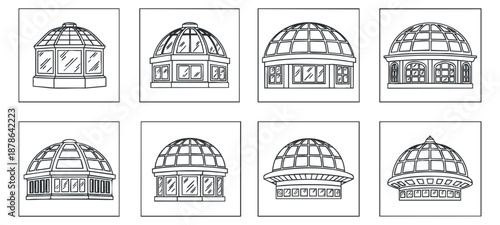 A collection of various dome-shaped buildings in black and white outline vector style, suitable for architectural design projects