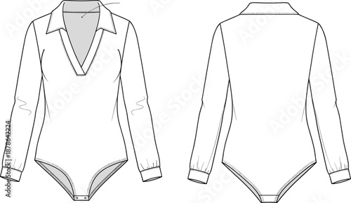 Women long sleeve bodysuit technical fashion flat with front back views, collar neckline details, cad drawing flat vector illustration