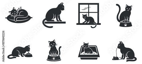 A collection of cute cat illustrations in black silhouette vector style, perfect for pet-related designs and branding