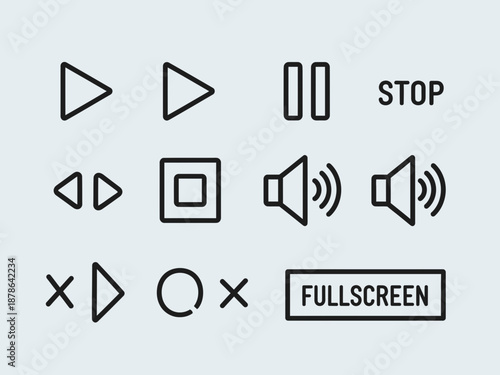 Vector black outline media player control icons set featuring play pause stop volume and fullscreen.