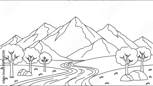Panoramic Mountain Landscape Illustration: Capturing the grandeur of nature with a scenic illustration of mountains, trees, and a winding river. A tribute to outdoor landscapes.