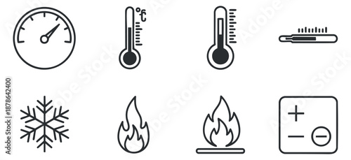 A collection of temperature-related icons including thermometers, snowflake, and fire in flat minimalist vector style, suitable for weather applications and educational materials