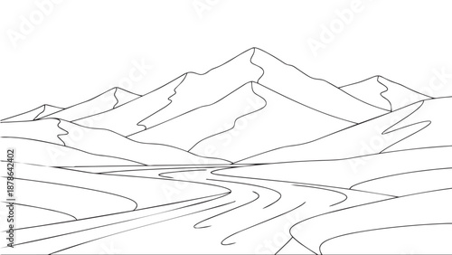 Monochromatic Mountain and River Landscape: A simplified drawing depicts a majestic mountain range and a meandering river, conveying a sense of serenity and the raw beauty of nature.