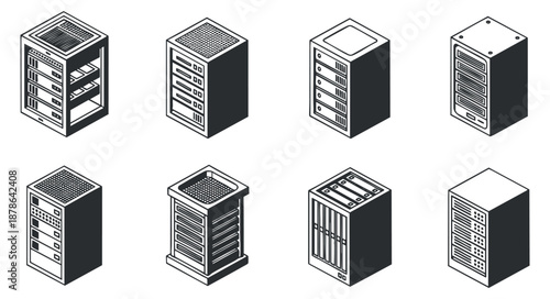 A collection of various server designs and configurations in minimalist black and white vector style, suitable for technology and IT projects