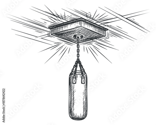A hanging punching bag suspended from the ceiling in a detailed sketch style, suitable for fitness and sports illustrations