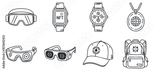 A collection of wearable technology illustrations including VR glasses, smartwatches, and a cap in minimalist outline vector style, suitable for tech branding and design projects