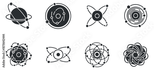 A collection of eight atom and molecule illustrations in flat modern vector style, suitable for educational and scientific projects