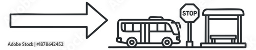 A bus approaching a stop with a shelter and sign in minimalist outline vector style, suitable for transit maps and urban design