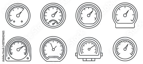 A collection of various gauge icons in simple black and white outline style, suitable for technical and engineering projects