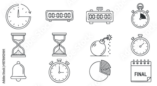 A collection of time-related icons including clocks, timers, hourglasses, and reminders in black and white minimalist vector style, suitable for time management and planning projects