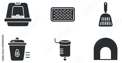 A collection of pet care icons including a litter box, scooper, trash can, and pet house in simple black vector style, suitable for animal care branding and websites