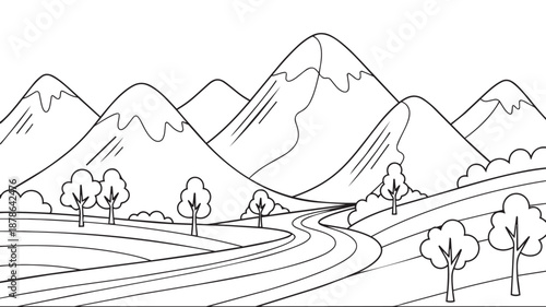 Mountainscape Outline: A monochrome line drawing captures a serene mountainous landscape featuring rolling hills, a winding road, and scattered trees.