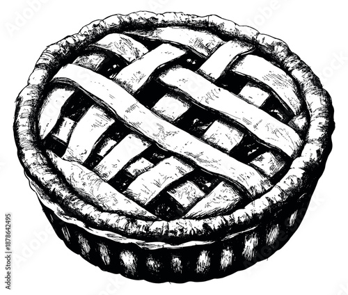 Hand drawn line art illustration of a lattice pie depicting a homemade dessert for food menus