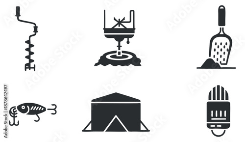 A collection of fishing and camping equipment icons in black and white minimalist vector style, suitable for outdoor adventure themes