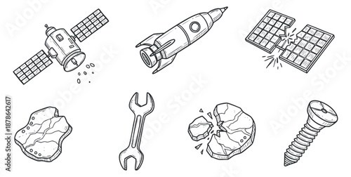 A collection of space-themed icons including a rocket, satellite, asteroid, wrench, and screw in flat outline vector style, ideal for engineering and technology projects