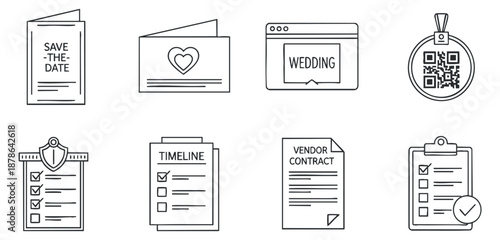 A set of wedding planning icons including save the date, checklist, timeline, and vendor contract in minimalist black and white vector style, perfect for event planning projects