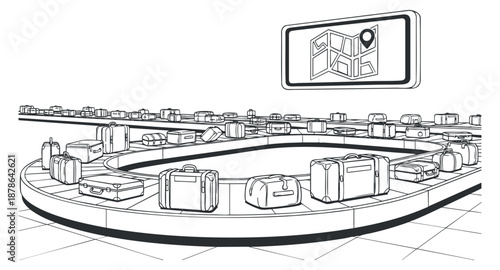 A line art illustration of a luggage conveyor belt in an airport with various suitcases and a digital map display, suitable for travel-related designs