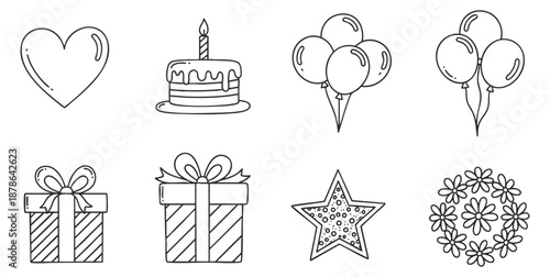 A collection of celebration-themed icons including a heart, cake, balloons, gifts, star, and floral design in minimalistic outline vector style, perfect for party invitations and event design
