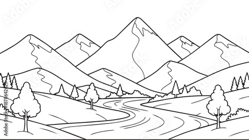 Majestic Mountain Landscape: A serene scene of towering mountains, a winding river, and scattered trees, offering a tranquil vista of the natural world.