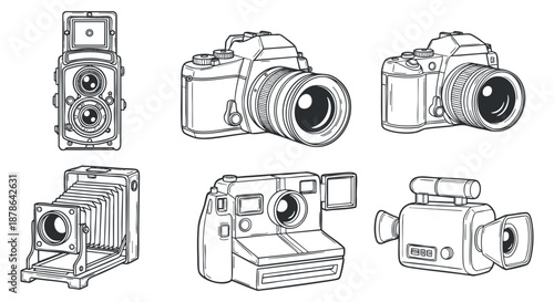 A collection of various cameras including vintage and modern styles in outline vector illustration, suitable for photography-related projects