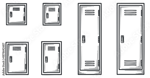 A set of various locker designs in black and white outline vector style, suitable for school and gym branding