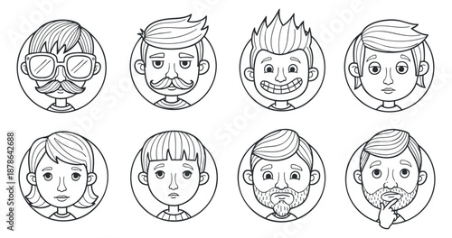 A collection of cartoon faces featuring various hairstyles, expressions, and accessories in black and white outline vector style, ideal for character design and social media projects