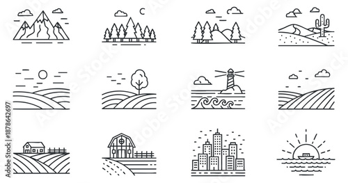 A collection of minimal line art landscapes featuring mountains, trees, deserts, and urban scenes in black and white vector style, ideal for nature and travel themes