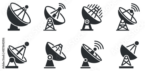 A collection of eight satellite dish icons in flat black vector style, suitable for technology and communication projects