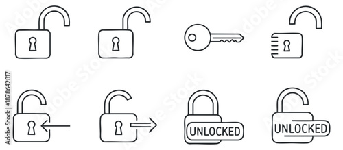 A collection of lock and key icons in minimalist outline vector style, suitable for security and access control designs