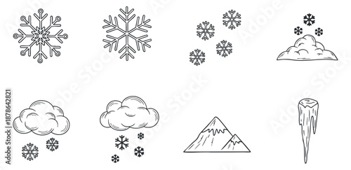 A collection of snowflakes, clouds, mountains, and icicles in outline vector style, perfect for winter-themed designs